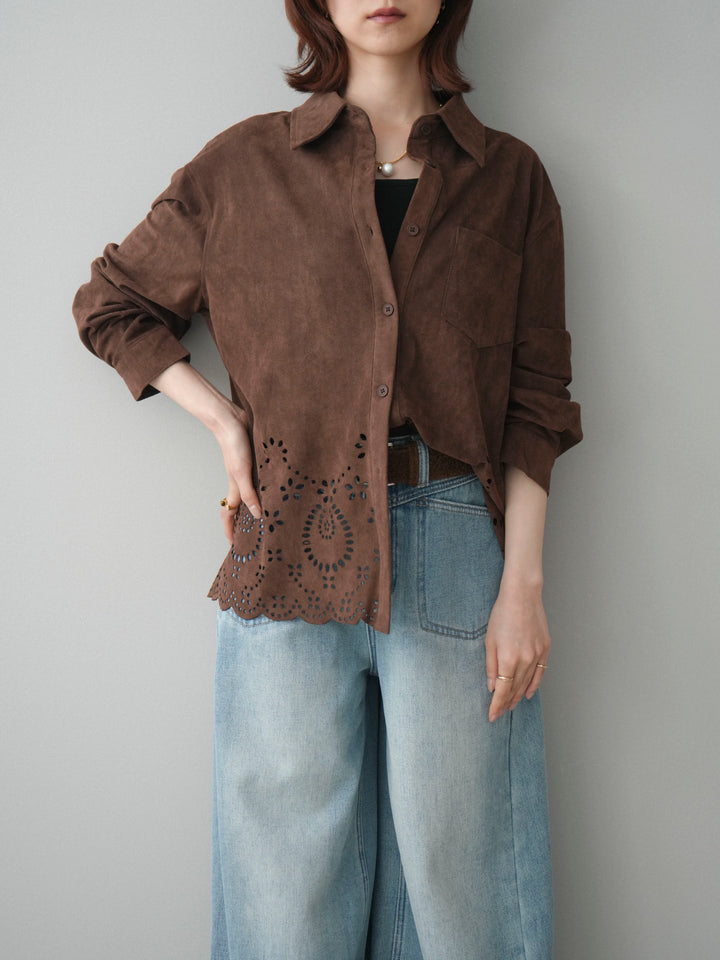 [SET]裾スカラップスエードシャツ+ベルト付裏起毛カーブデニムパンツ(2set)