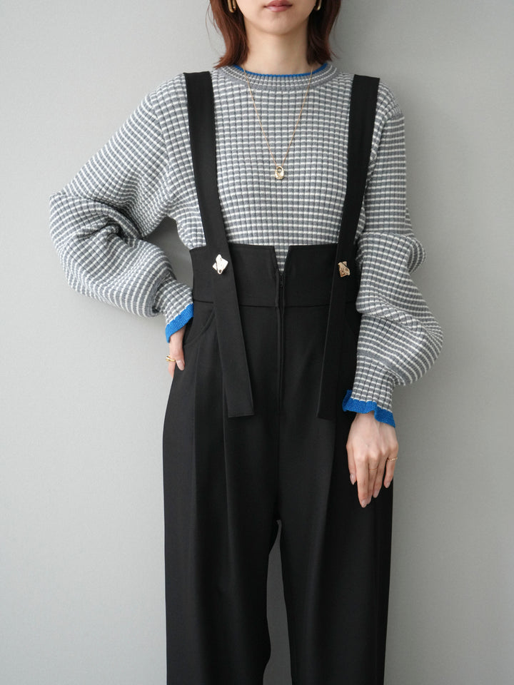 [SET]ラメ異素材ボーダーリブニットプルオーバー+ゴールドボタンサスペンダーワイドパンツ(2set)
