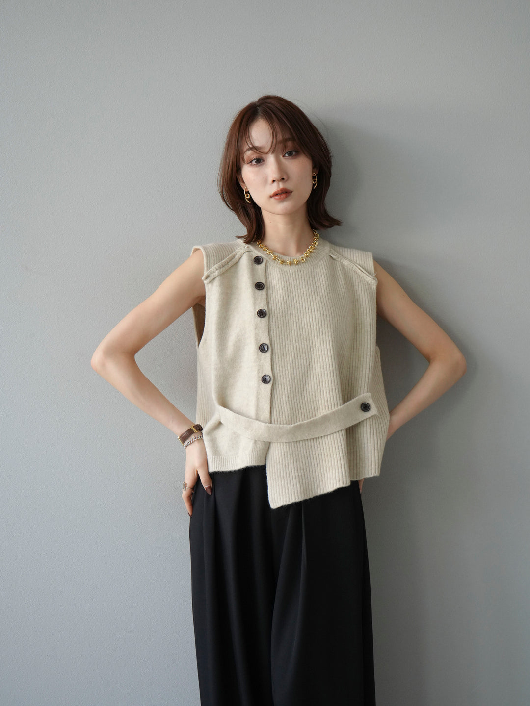 [4]レイヤードボタンニットベスト/オフホワイト
