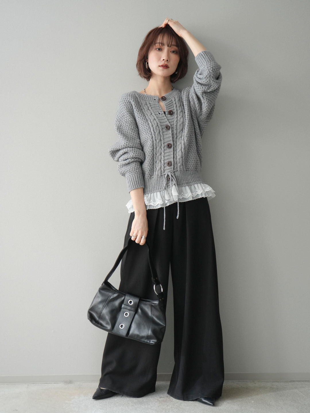 [SET]裾レースケーブルニットカーディガン+ベルトループデザインワイドパンツ(2set)