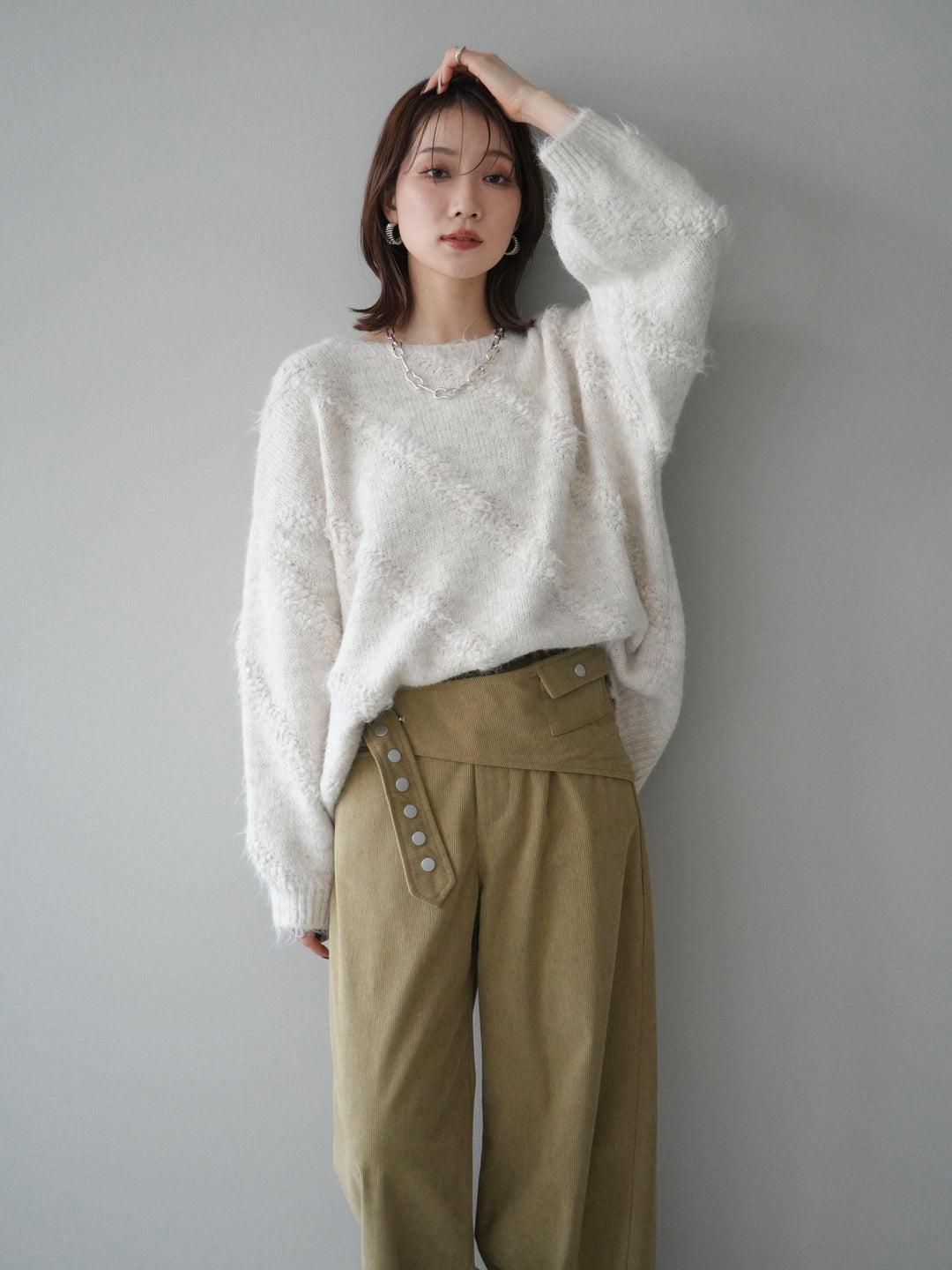 [予約]ブークレラインデザインニットプルオーバー/ivory