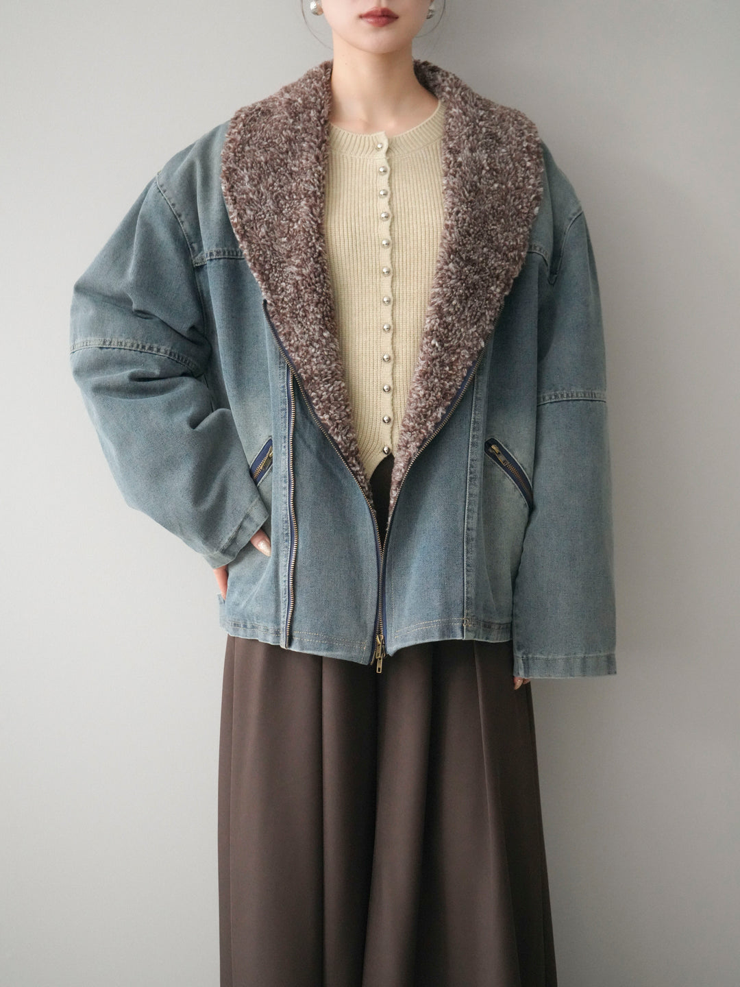 [SET]ミックスボアデニムジャケット+シルバーボタン畦編みニットカーディガン+テープベルトタックバギーパンツ(3set)