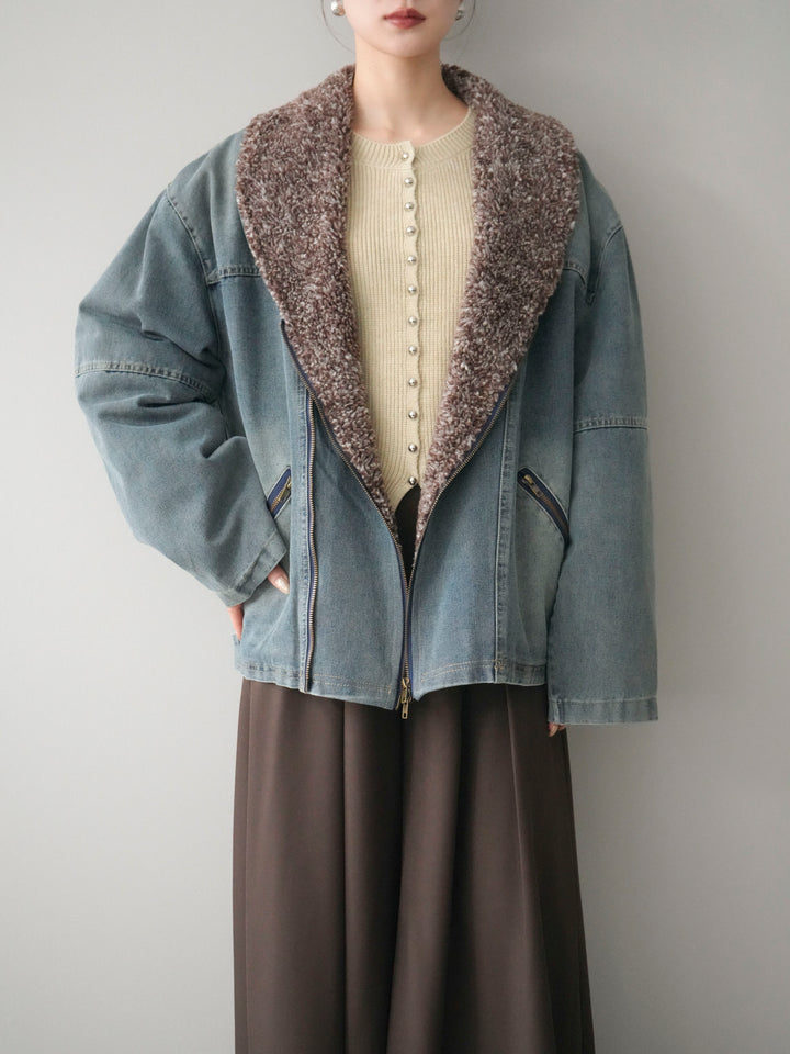 [SET]ミックスボアデニムジャケット+シルバーボタン畦編みニットカーディガン+テープベルトタックバギーパンツ(3set)