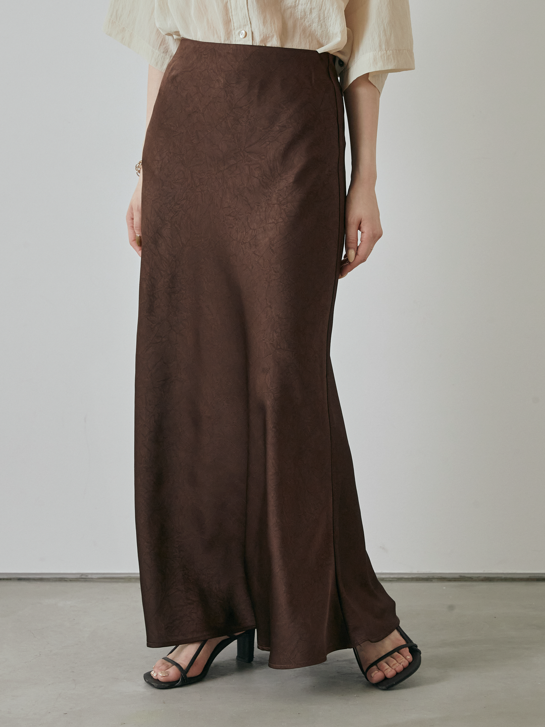 [予約]サテンワッシャーナロースカート/ブラウン