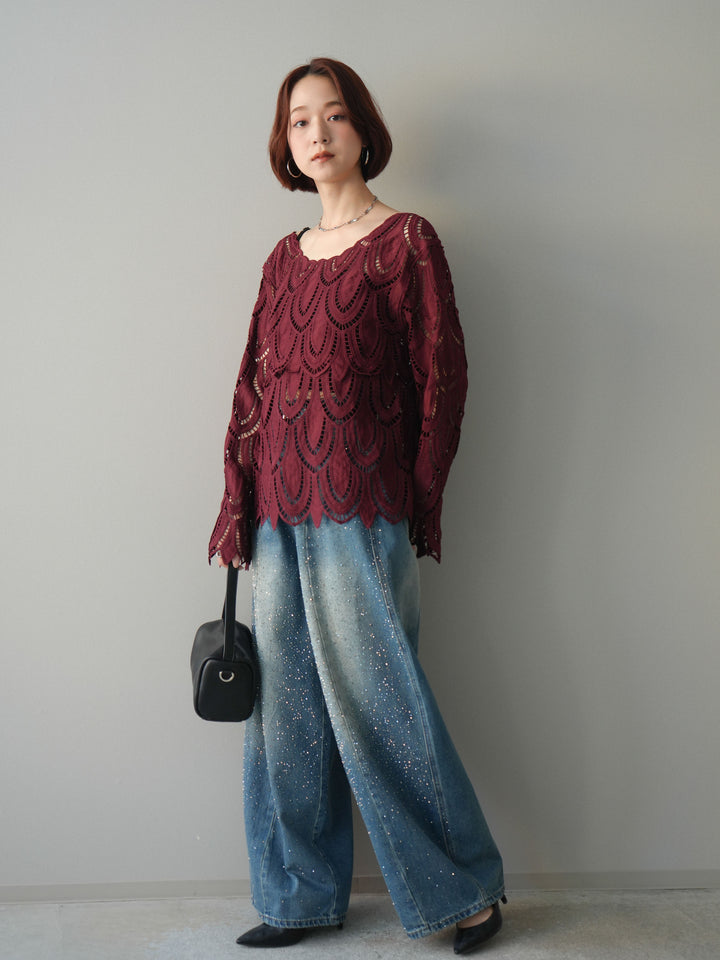 [予約]フロントビジューカーブデニムパンツ/blue