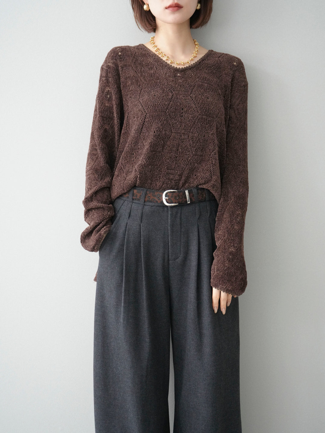 [SET]モール透かし編みニットトップス+アニマル柄ベルト付きウールタッチワイドパンツ(2set)