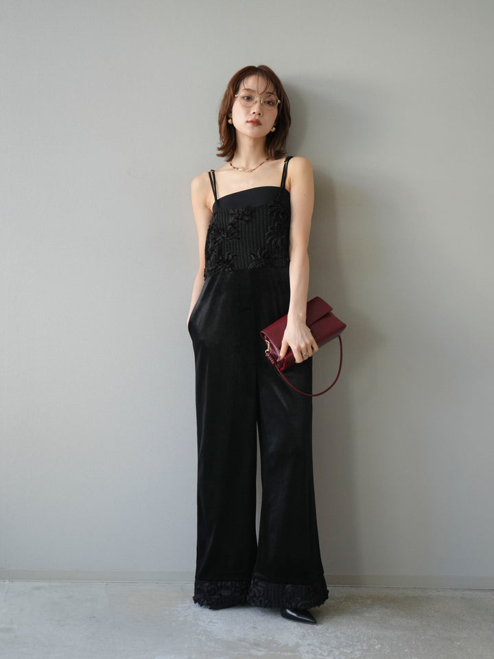 [予約]ジャガード切替ベロアサロペット/ブラック