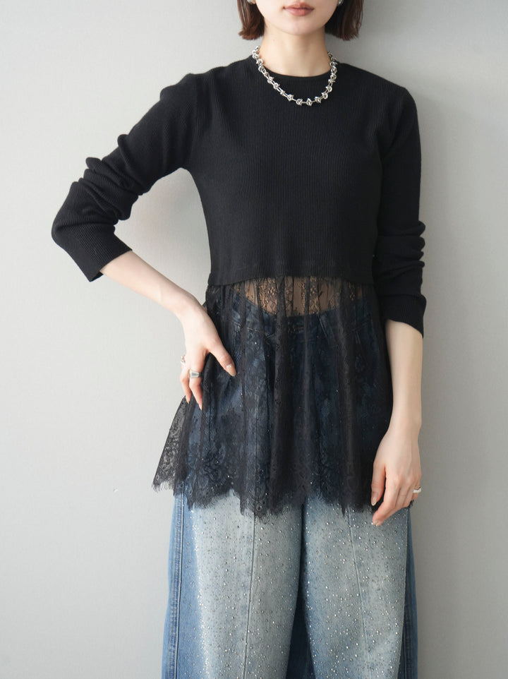 [予約]クルーネックレースドッキングリブニットトップス/black