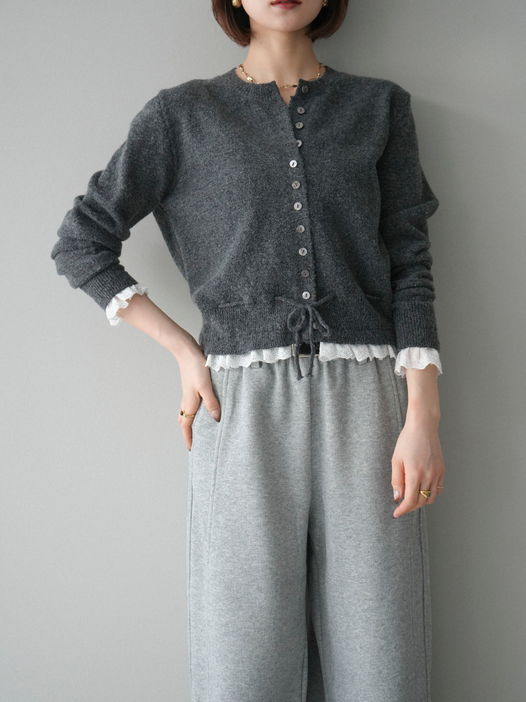 [SET]スカラップレース切り替ニットカーディガン+選べるアクセセット(2set)