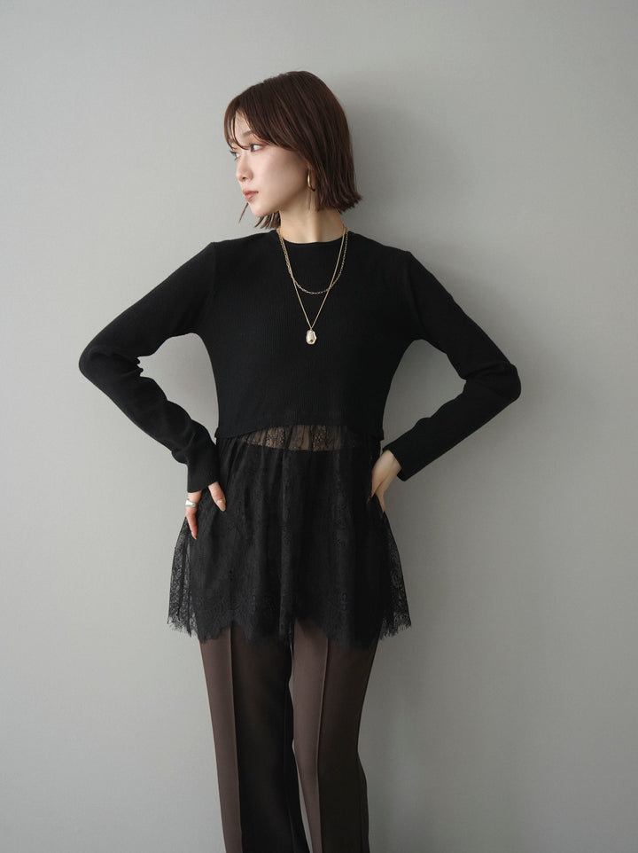 [SET]クルーネックレースドッキングリブニットトップス+センターシームフレアパンツ(2set)