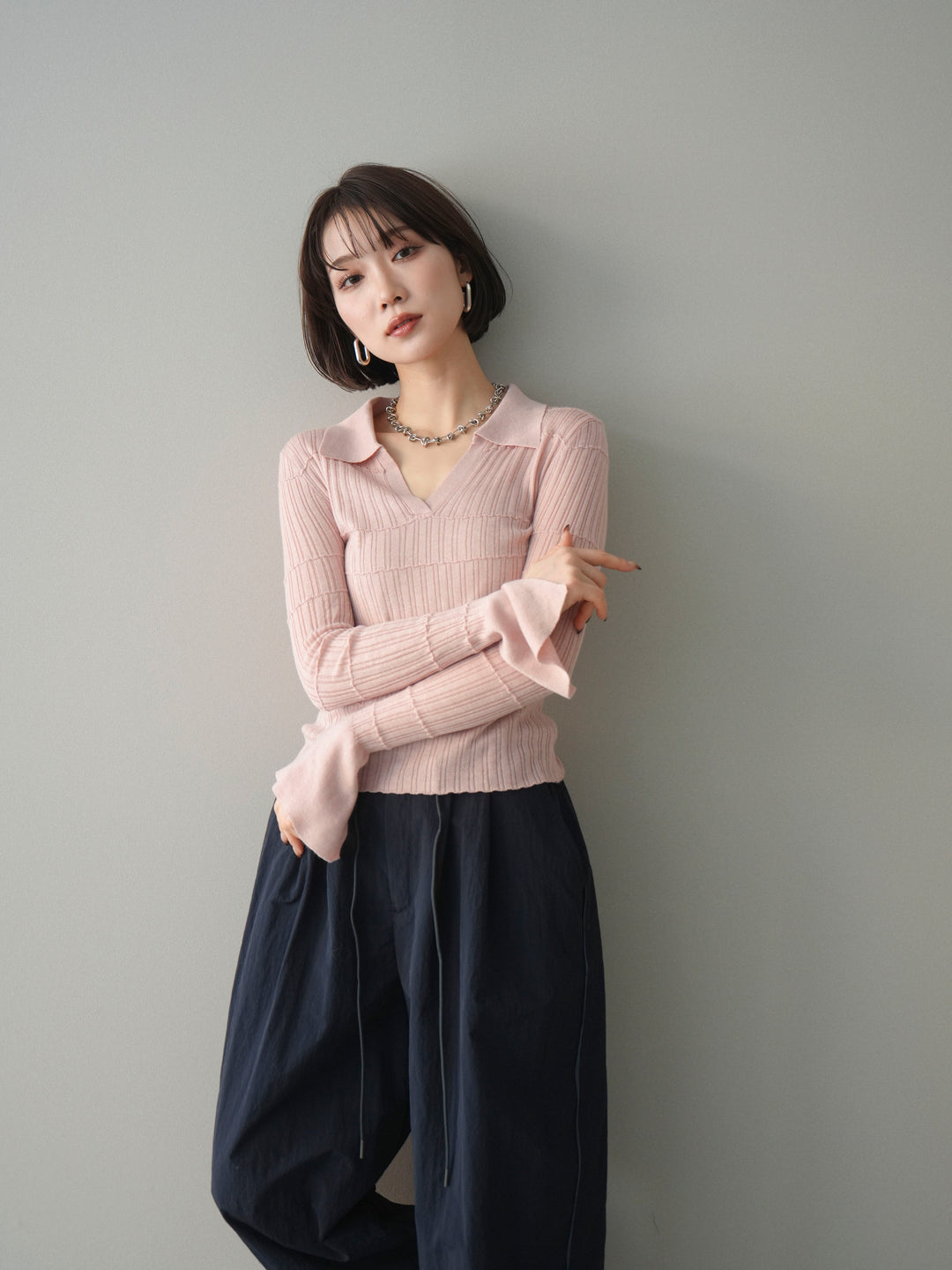 [予約]シアーリブスキッパーニットトップス/pink