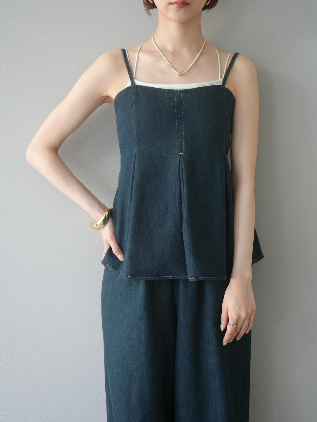 [SET]デニムタックフレアキャミソール＆イージーワイドパンツSET UP(2set)