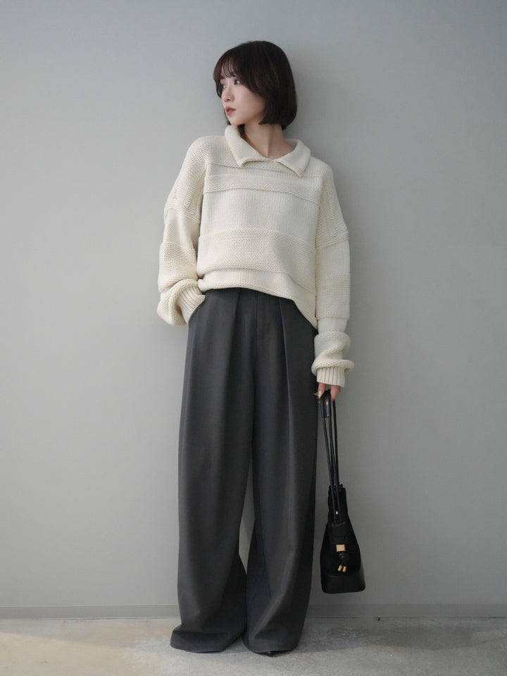 [SET]襟付きボーダー編みニットプルオーバー+ベルトループデザインワイドパンツ(2set)