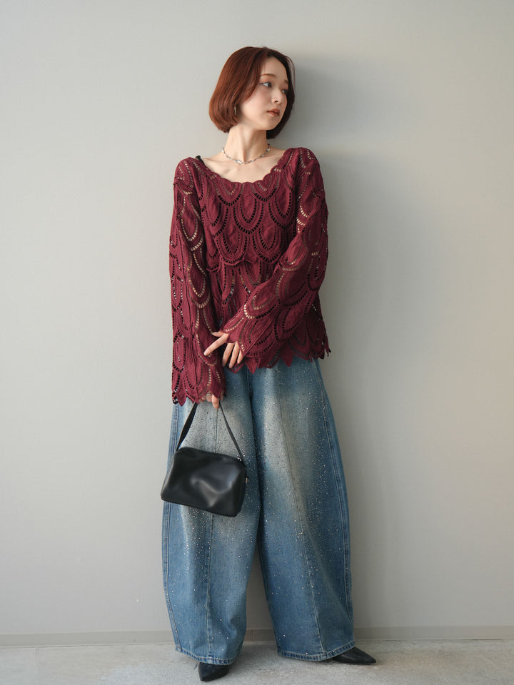 [予約]フロントビジューカーブデニムパンツ/blue