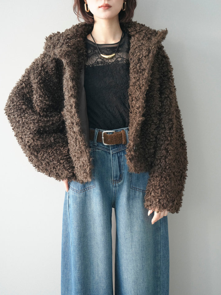 [SET]プードルファーミドルスタンドブルゾン+ベルト付裏起毛カーブデニムパンツ(2set)