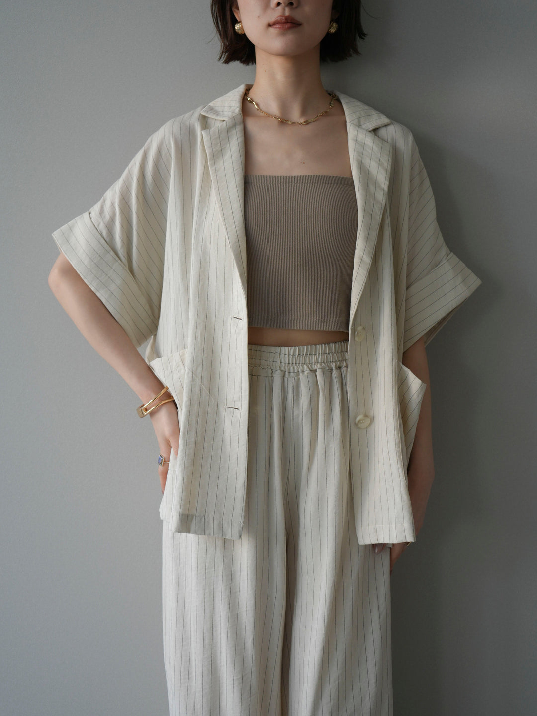 [SET]ストライプハーフスリーブオーバージャケット+ストライプリラックスワイドパンツ(2set)