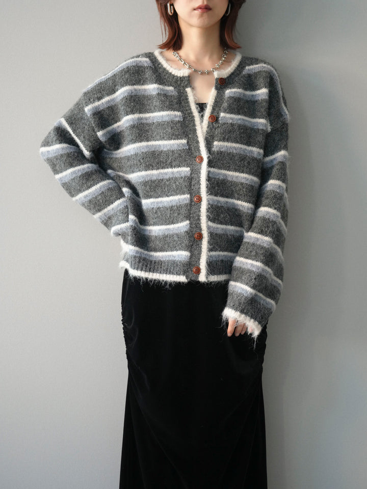 [予約]ウールタッチ配色ボーダーニットカーディガン/gray