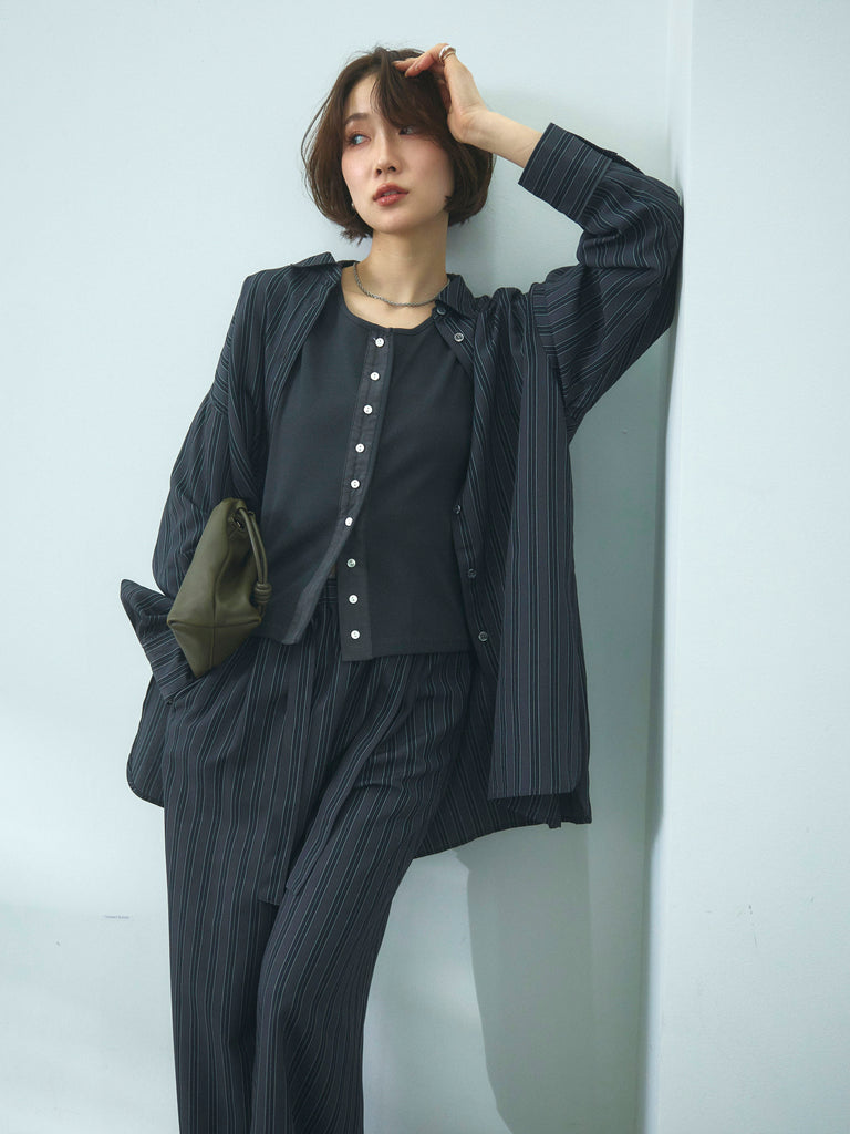 emmi ストライプルーズシルエットシャツ&ストライプイージーハーフパンツセット Allure】[SET]ストライプオーバーシャツ+ストライプイージーパンツ