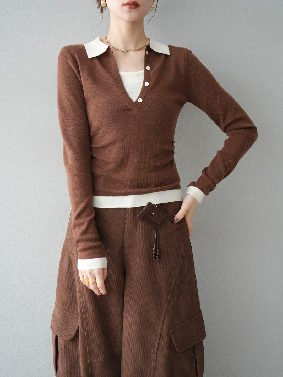[予約]レイヤード配色ポロニットトップス/brown
