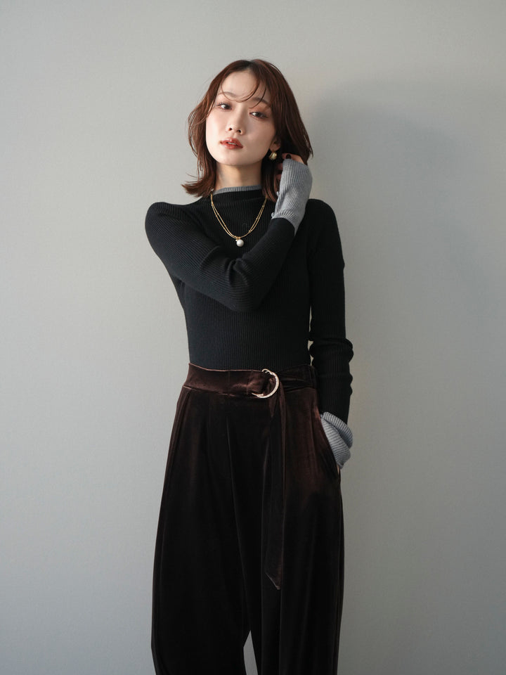 [予約]袖ボタンハイネック配色リブニットトップス/black