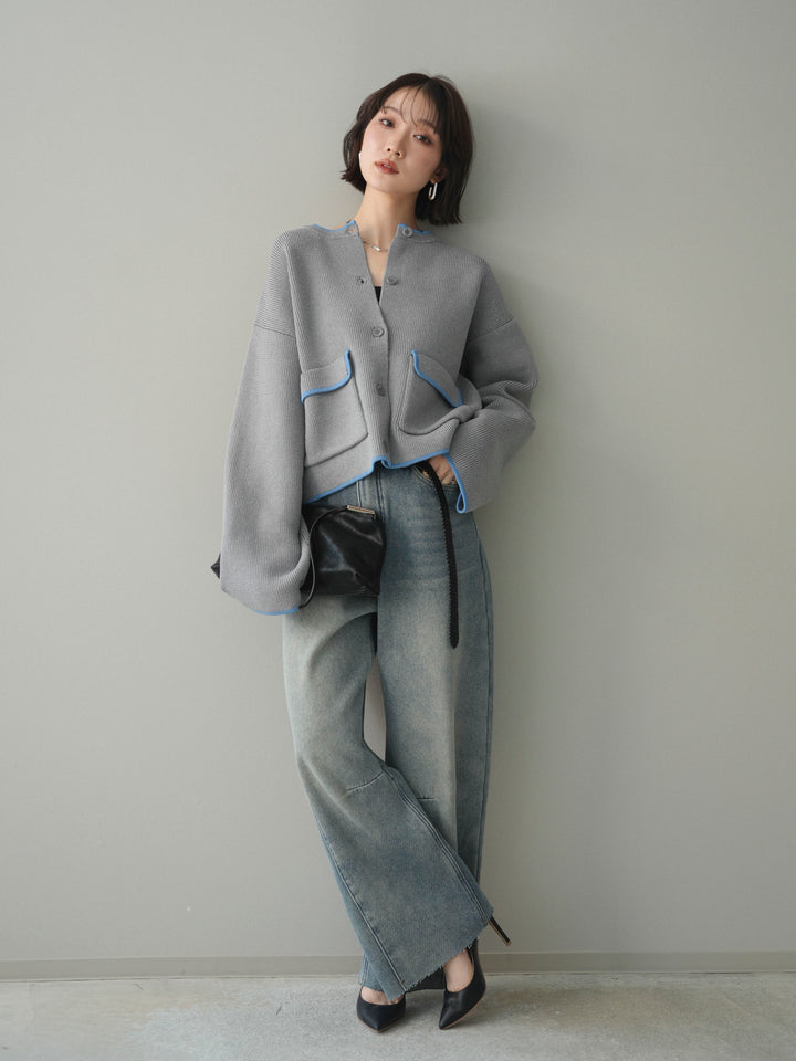 [SET]ポリエステル配色ニットカーディガン+裏起毛カットオフカーブデニムパンツ(2set)