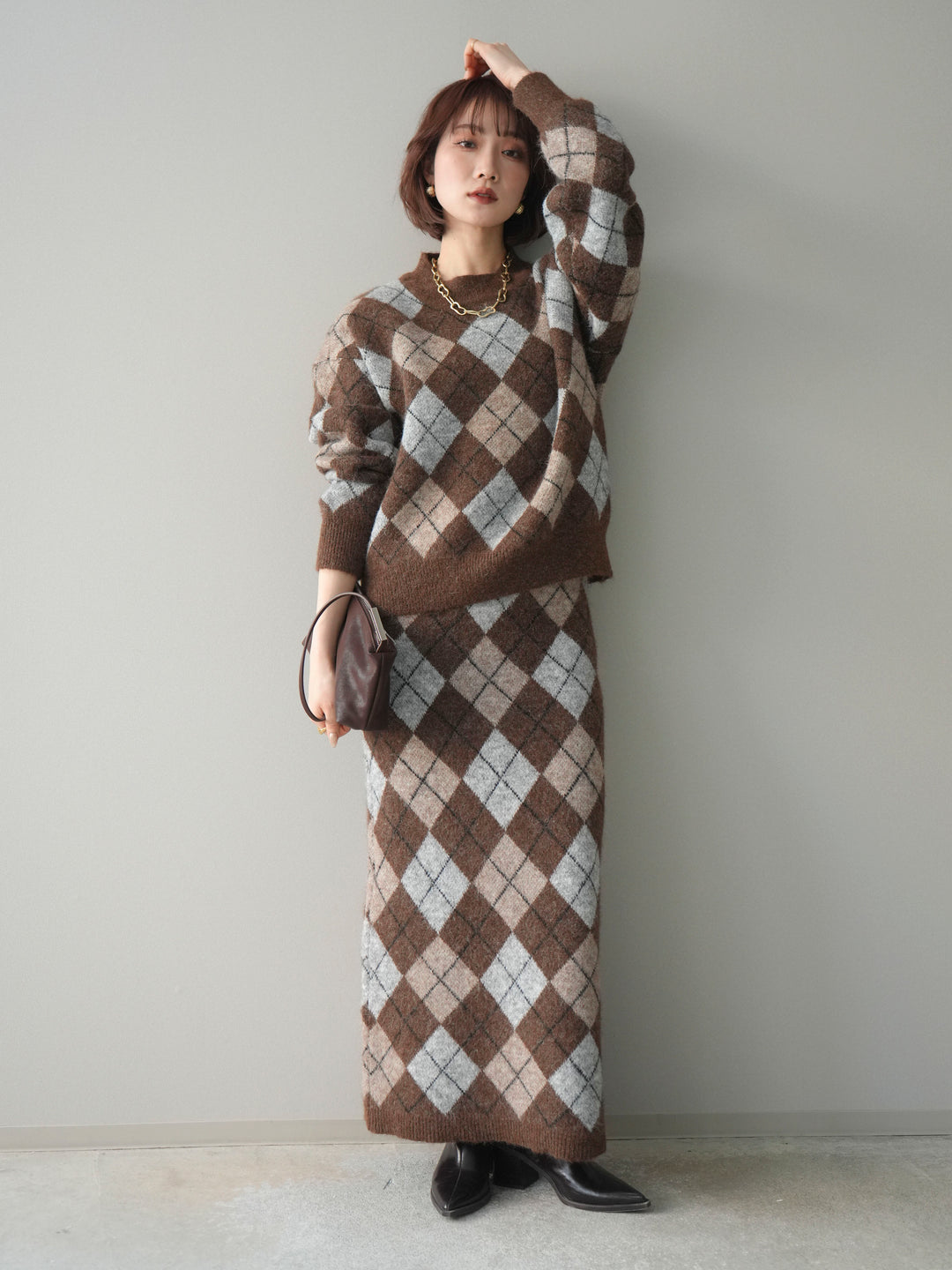 [SET]アーガイルニットプルオーバー&ロングスカートSET UP(2set)
