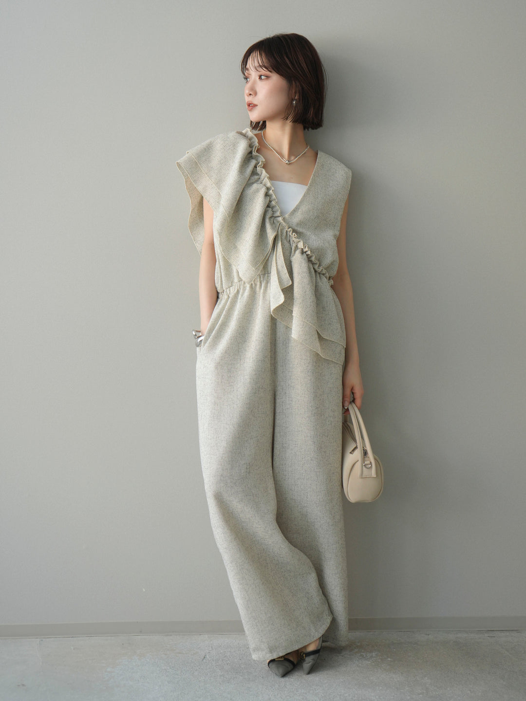 [SET]3WAYミックスツイードギャザーオールインワン+選べるアクセセット(2set)