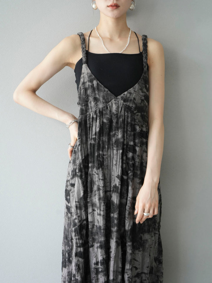 [Pre-order] Damaged Nuance Pattern Braided String Cami Dress/Brown