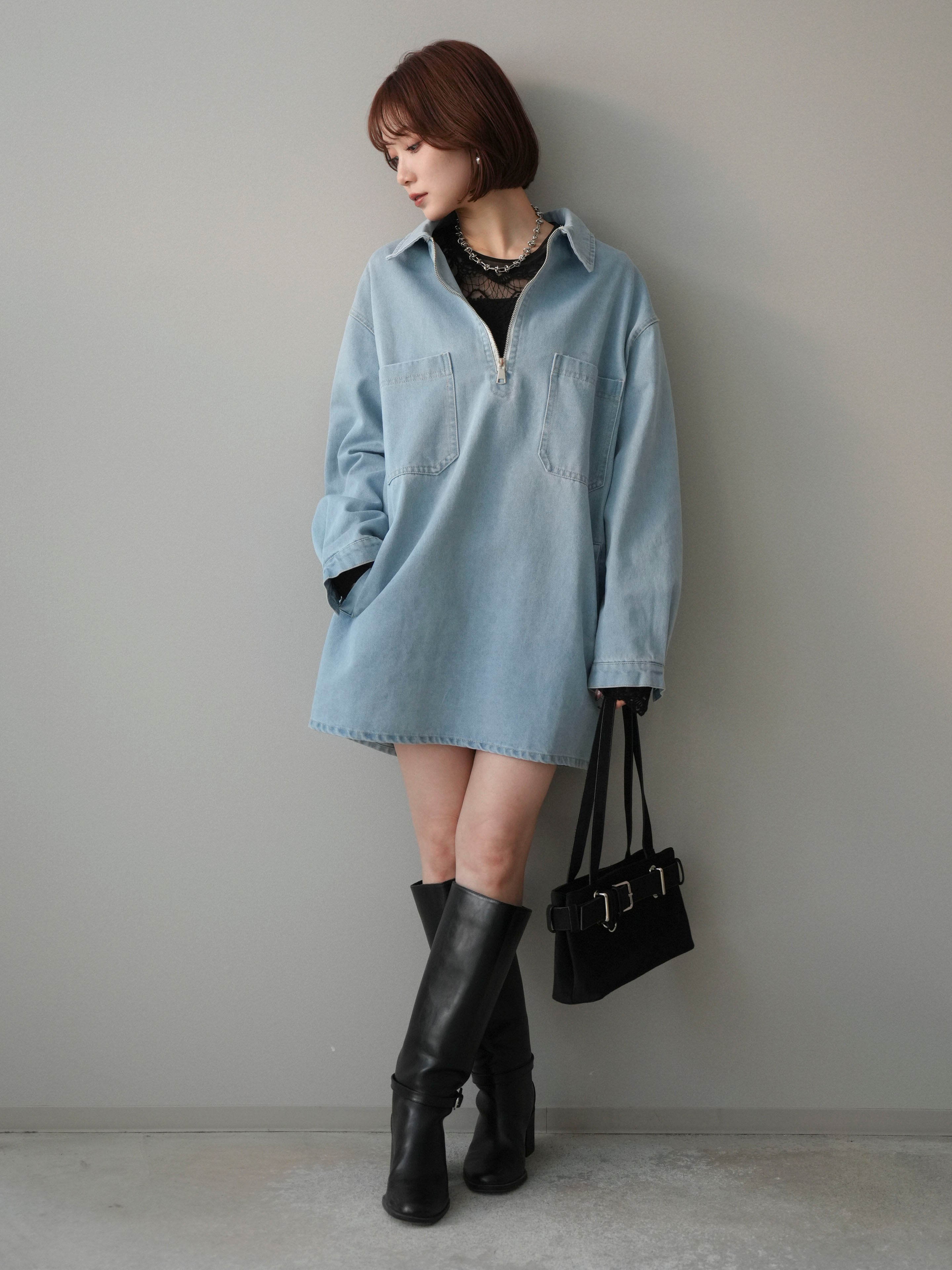 予約]ハーフジップデニムミニワンピース/blue – Lumier