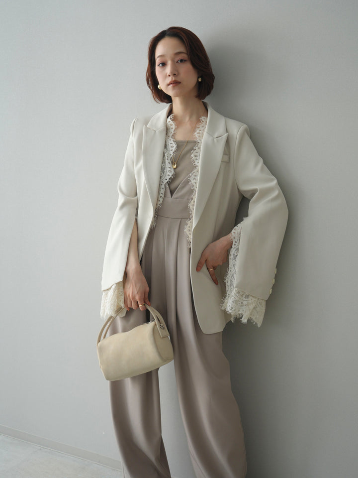 [SET]レースレイヤードスリットジャケット+バックデザインサロペット(2set)