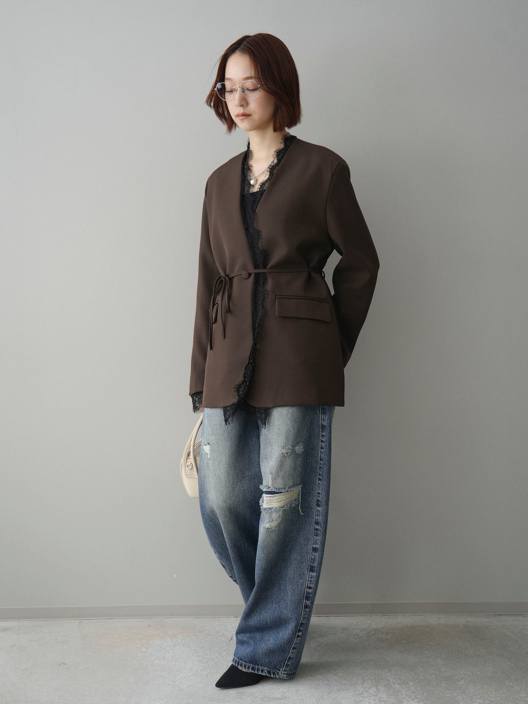 [SET]ノーカラーレースジャケット+カップ付テレコリブベアキャミソール+ダメージデニムセミワイドパンツ(3set)