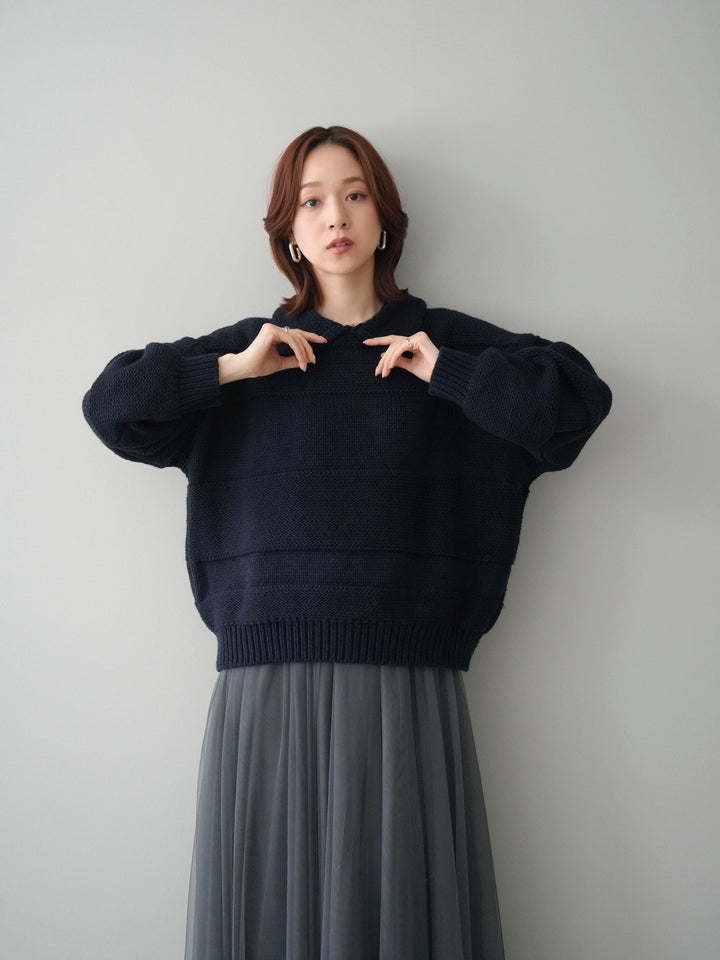 [SET]襟付きボーダー編みニットプルオーバー+チュールボリュームスカート(2set)