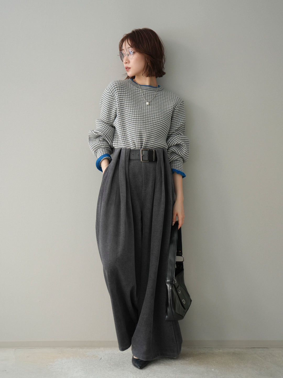 [SET]ラメ異素材ボーダーリブニットプルオーバー+ベルトデザインループコールテンワイドパンツ(ベルト付き)(2set)
