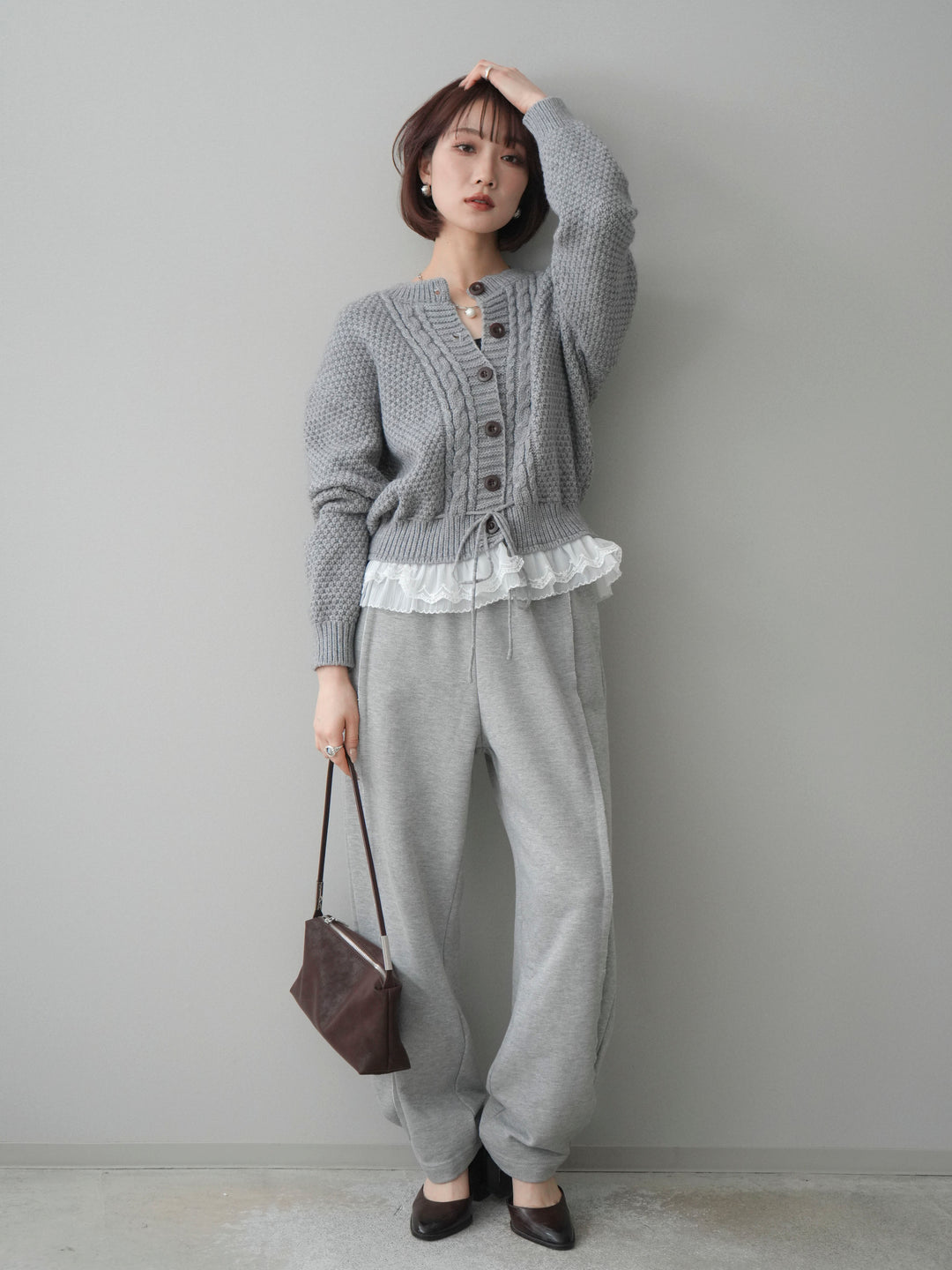 [SET]裾レースケーブルニットカーディガン+2WAYデザインスウェットパンツ(2set)