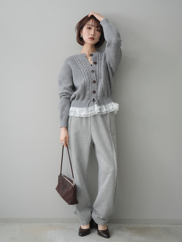 [SET]裾レースケーブルニットカーディガン+2WAYデザインスウェットパンツ(2set)