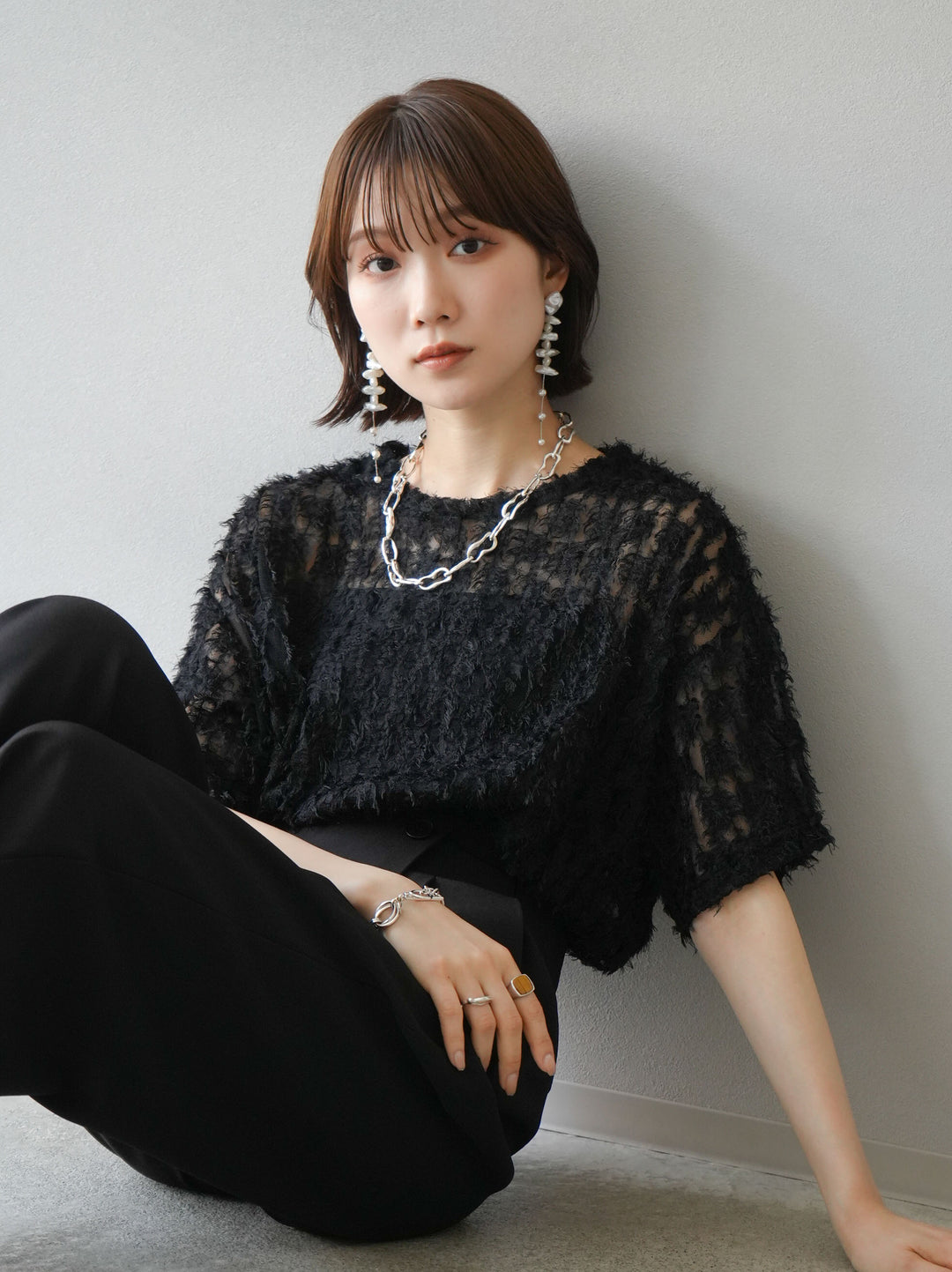 [Pre-order] Fringe Tulle 5/4 Sleeve Over Top/Black