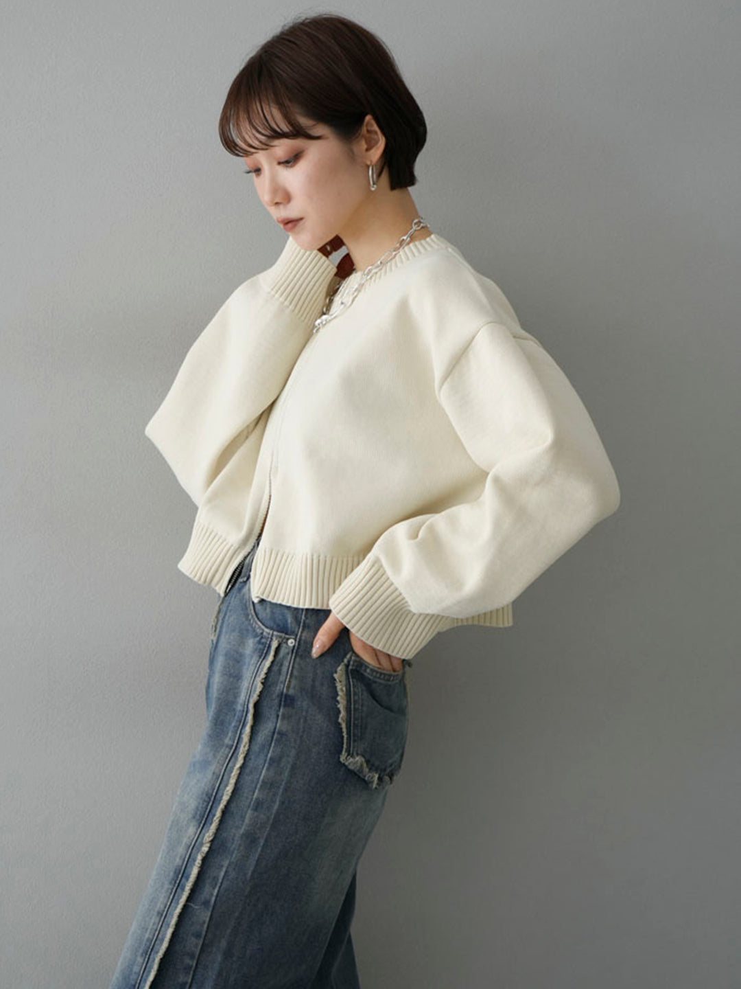 [SET] Double zip cropped knit cardigan + fringe boyfriend denim (2set)