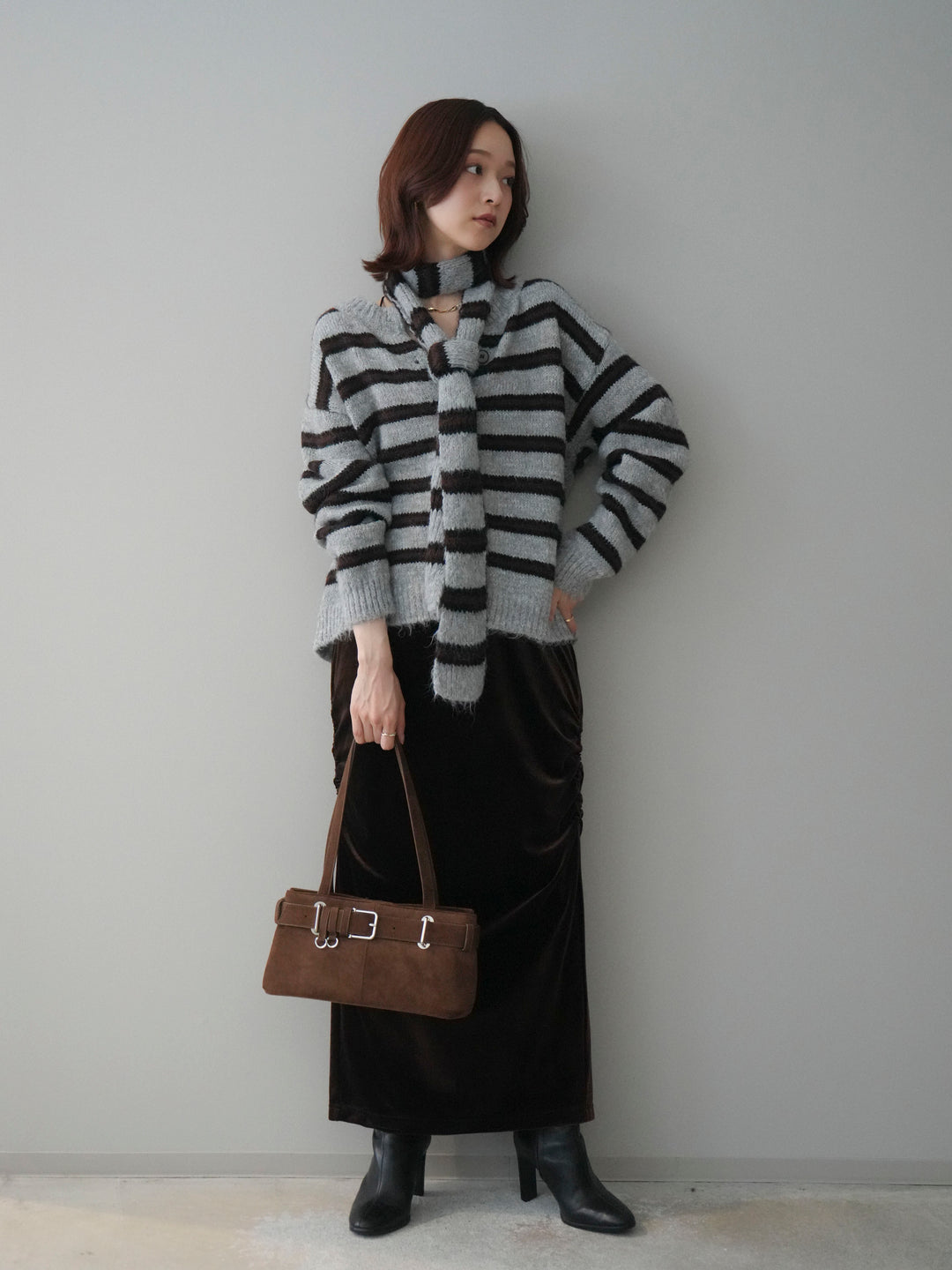 [SET]ボウタイ付きボーダーニットプルオーバー+ギャザーベロアスカート(2set)