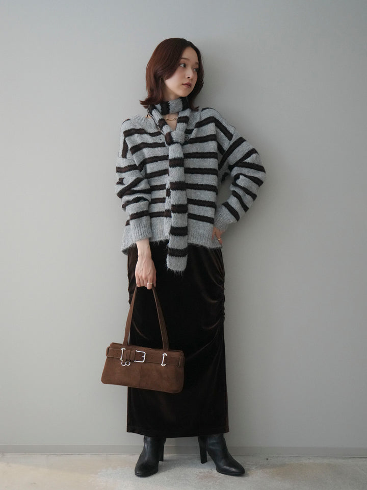 [SET]ボウタイ付きボーダーニットプルオーバー+ギャザーベロアスカート(2set)