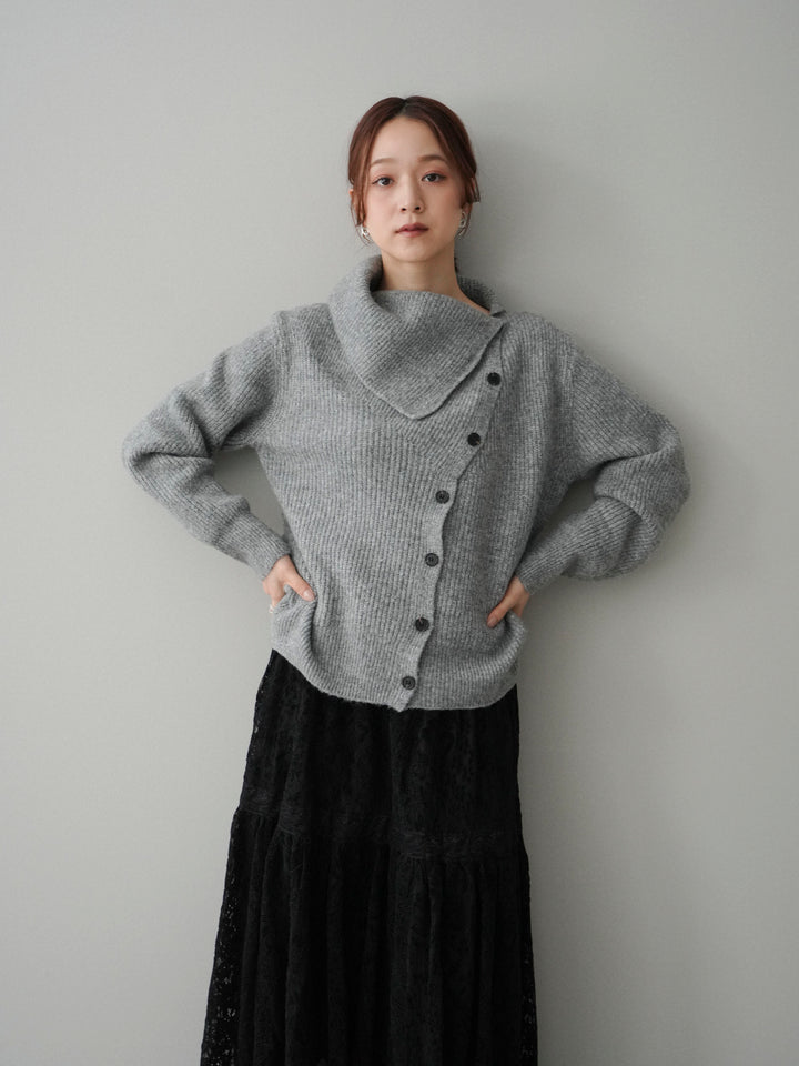 [SET]ハイネックデザインボタンニットカーディガン+起毛レースティアードスカート(2set)