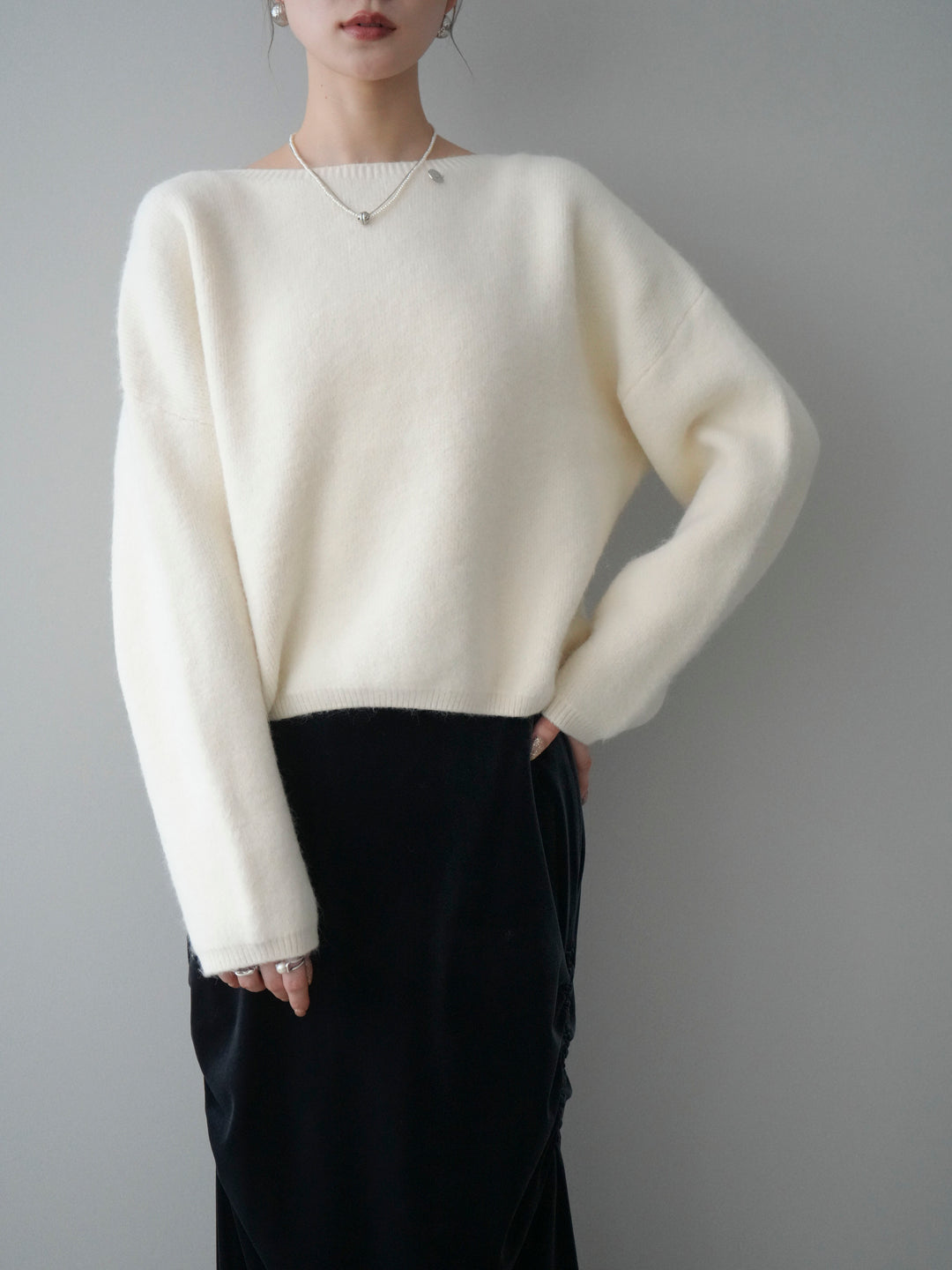 [予約]アンゴラタッチボートネッククロップドプルオーバー/ivory
