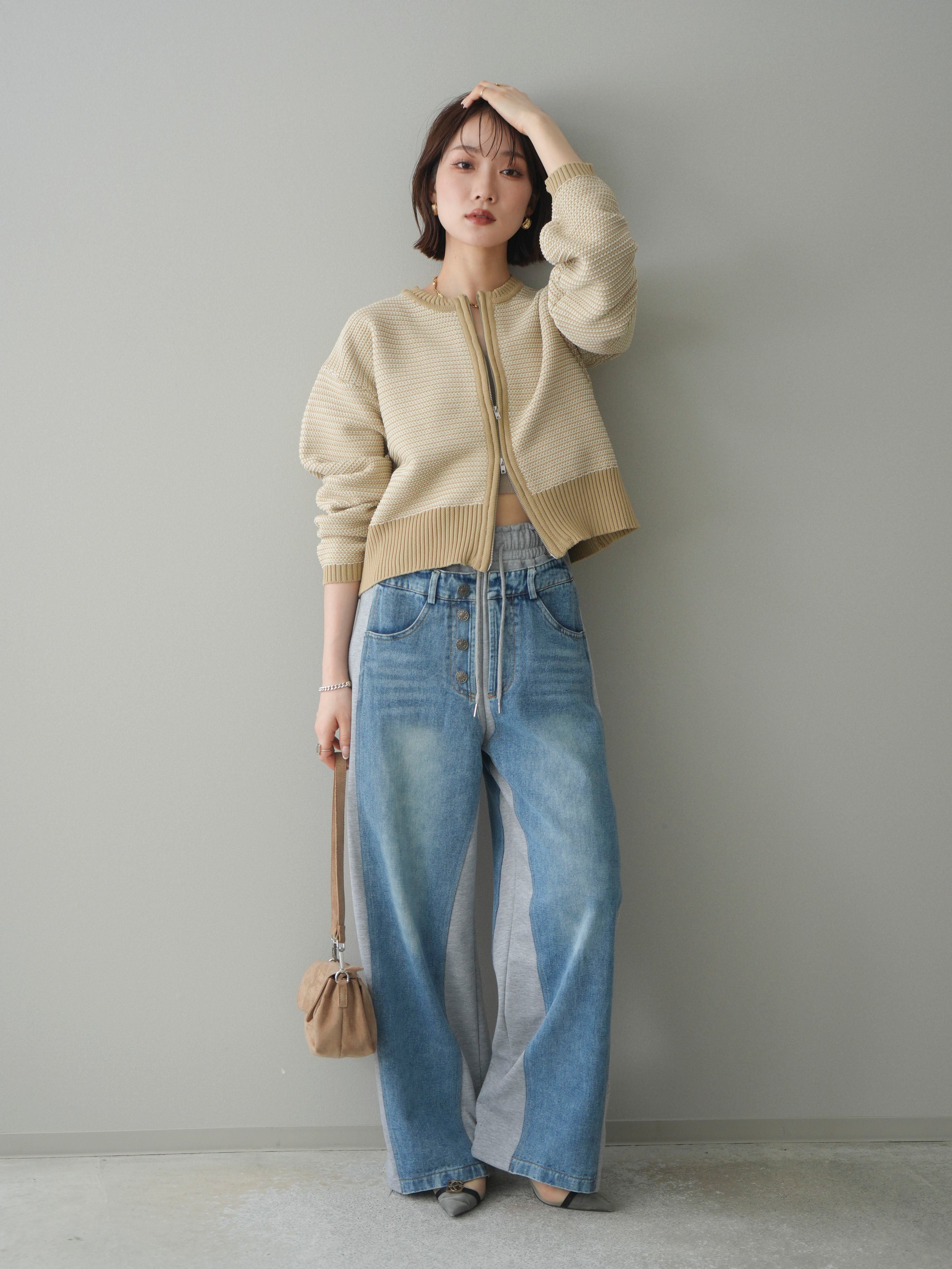 SET]ボーダーダブルZIPカーディガン+デニム切替スウェットパンツ(2set