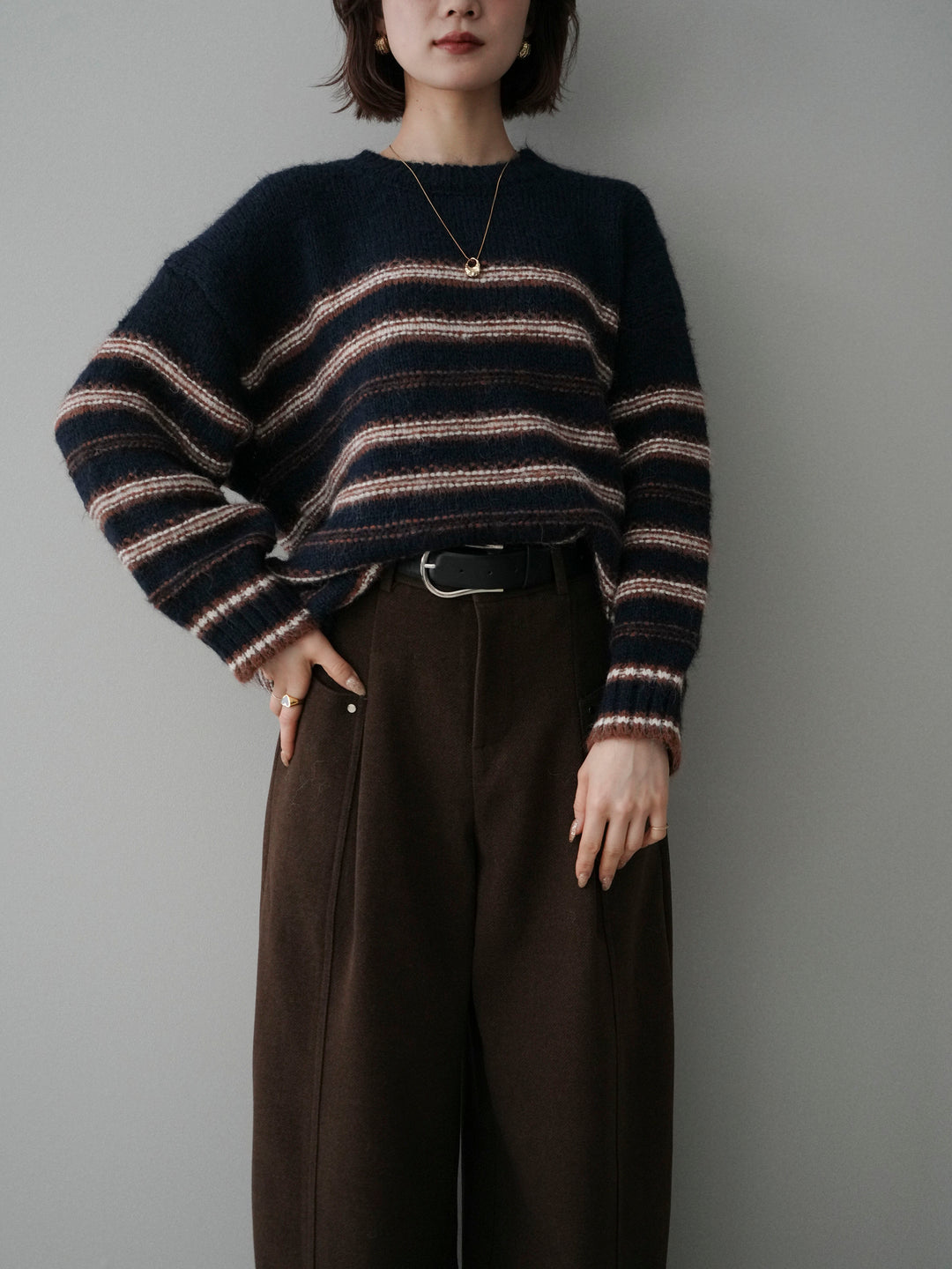 [予約]ステッチボーダーニットプルオーバー/navy