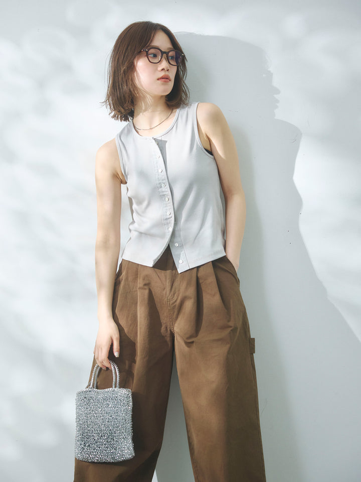 【Allure】[SET]フロントボタンテレコリブタンクトップ+カットオフコットンツイルタックワイドパンツ(2set)