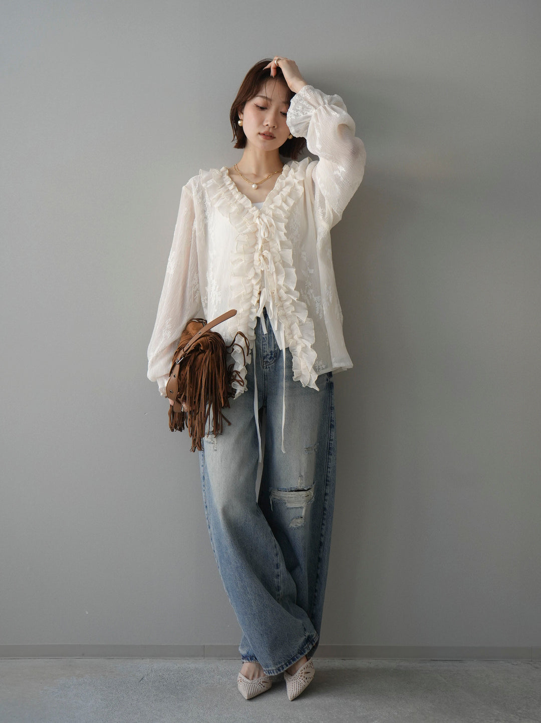 [予約]ダメージデニムセミワイドパンツ/blue