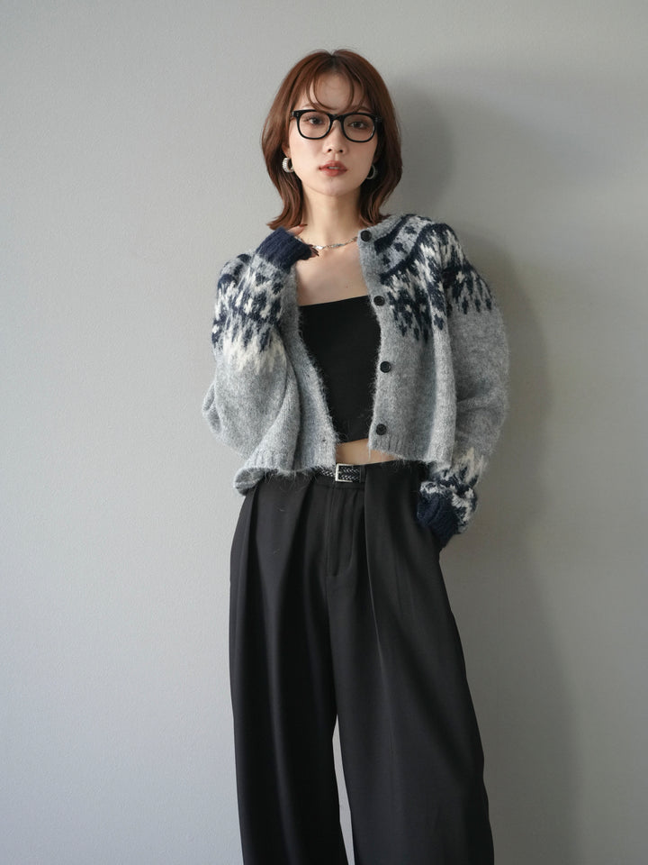 【着回しセット】[SET]求心柄クロップドニットカーディガン+ミックスヤーンペイズリー柄ニットカーディガン+ベルトループデザインワイドパンツ(3set)