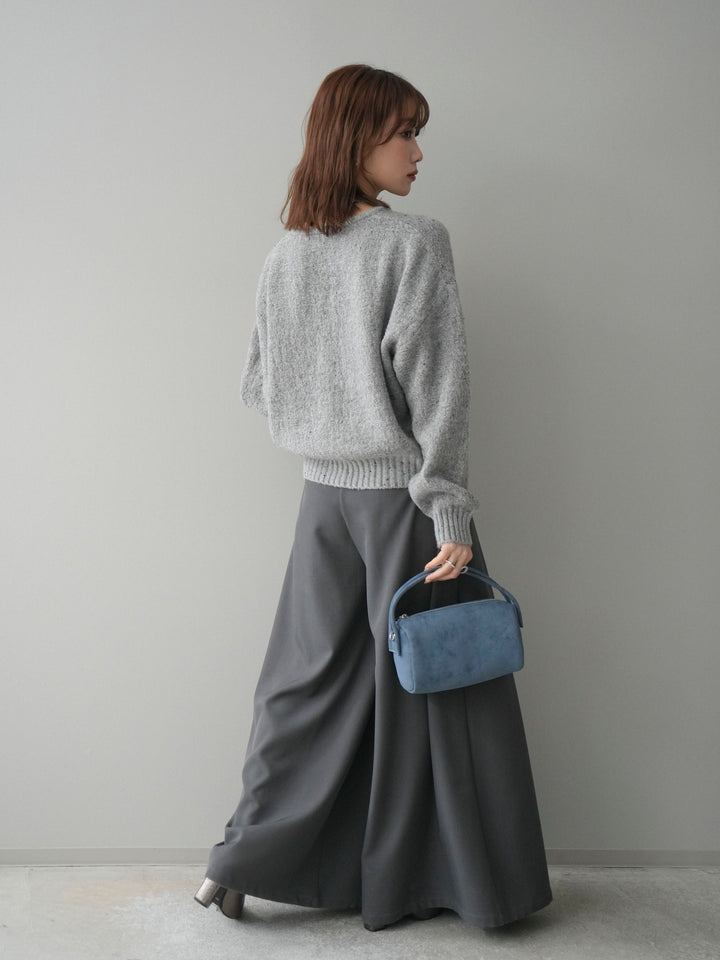 [SET]ツイストネックラメネップヤーンニットプルオーバー+テープベルトタックバギーパンツ(2set)