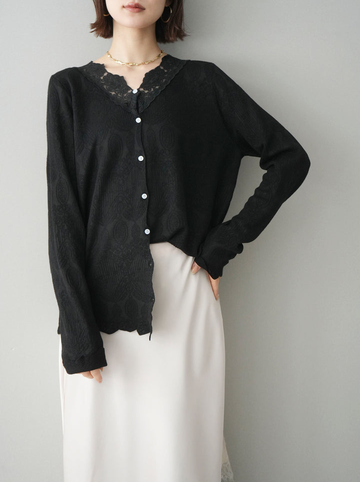 [SET]レースネックジャガードニットカーディガン+センターシームフレアパンツ+サテンライクアシメレーススカート(3set)