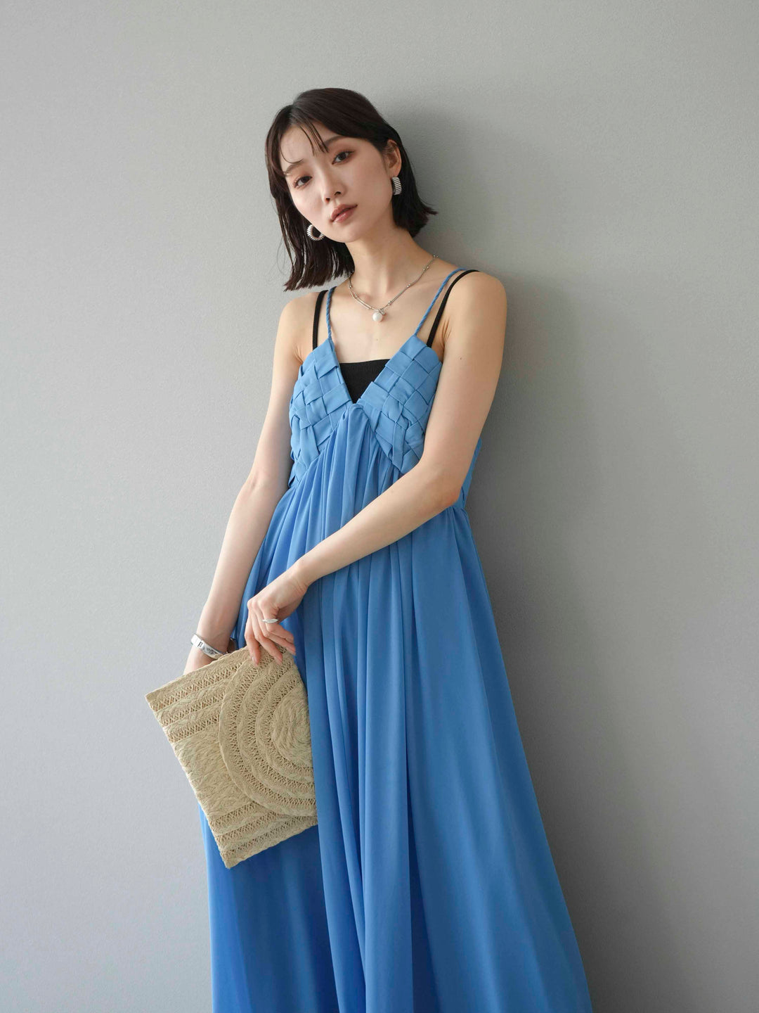 [予約]編み込みデザインシフォンワンピース/ブルー