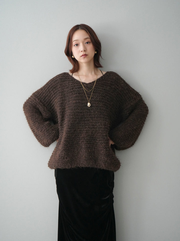 [SET]ワッフル編みシャギーニットプルオーバー+ギャザーベロアスカート(2set)